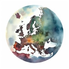 earth globe with europe and north of Africa in the style of watercolor blue and green colors on white