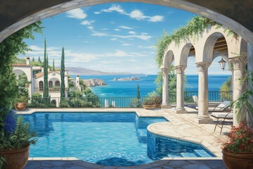 Serene Mediterranean pool view. Greece resort. Generate Ai