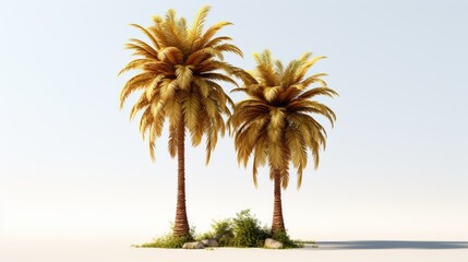 Fototapeta premium Two golden palm trees on a small patch of grass in a sandy area with a bright white background