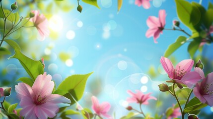 Spring floral background - abstract nature concept with blue sky, leaves and flowers