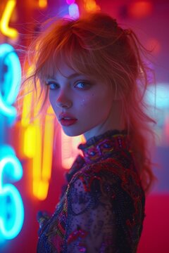 Portrait of a young woman with blonde hair and blue eyes standing in front of a colorful neon background