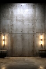 Two tables and four tube lights in front of a concrete wall