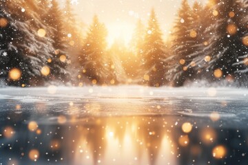 A beautiful winter landscape with a frozen lake and snow-covered trees
