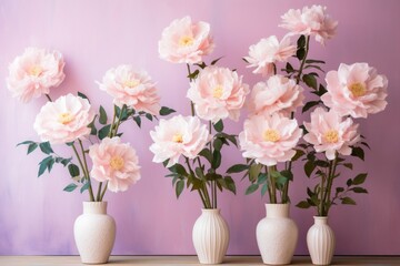 Obraz na płótnie Canvas Pink peonies in white vases against a pink background