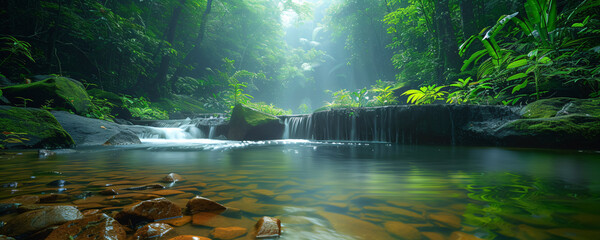 tropical rainforest river landscape, a mysterious temple in the jungle	

