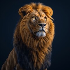 Fototapeta premium A majestic lion with a golden mane sits against a dark background