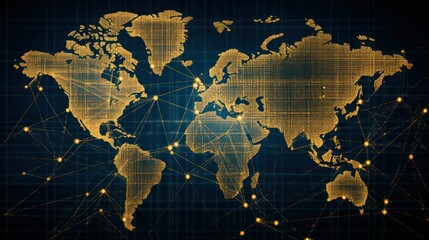 Fototapeta premium a world map with connections in different areas, in the style of dark indigo and light golden , social network analysis, intricate composition, exacting precision, internet-inspired