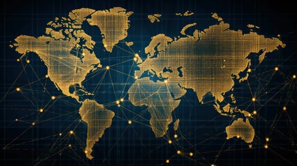 a world map with connections in different areas, in the style of dark indigo and light golden , social network analysis,  intricate composition, exacting precision, internet-inspired