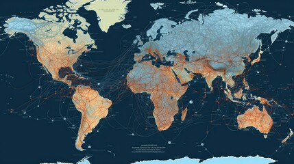 this map has many different lines across the world, light maroon and light bronze, intricate composition, light indigo and orange, exacting precision, internet-inspired