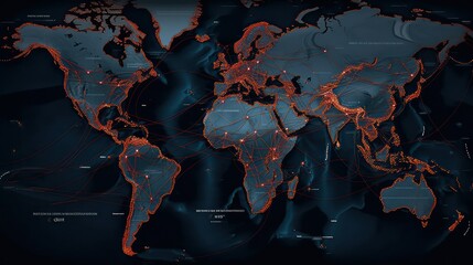 map of the world with lines connecting it, in the style of dark cyan and light amber, social network analysis, dark navy and maroon