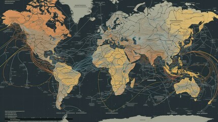 a blue pixelated world map with a lot of connections, in the style of dark indigo and amber, social network analysis, light maroon and yellow, tangled nests, documentary travel photography