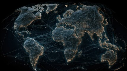 map of the world with lines connecting it, in the style of dark cyan and light amber, social network analysis, dark navy and maroon