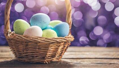 Fototapeta na wymiar easter background eggs in a basket on a wooden table purple easter background banner with bokeh light