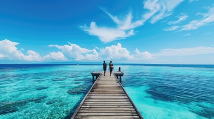 Romantic Couple Walking on Ocean Pier Towards the Horizon on a Tranquil Tropical Vacation - obrazy, fototapety, plakaty