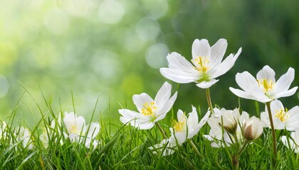 a bunch of white flowers in the grass header footer panoramic banner image - obrazy, fototapety, plakaty