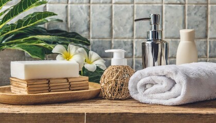 hygiene accessories on wooden table in bathroom over tile wall - obrazy, fototapety, plakaty