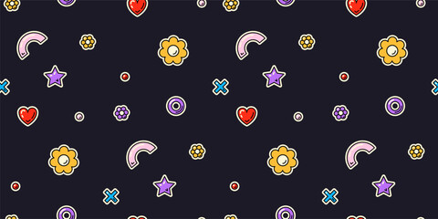 Groovy seamless pattern on dark background.