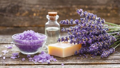 wellness treatments with lavender flowers on wooden table spa still life essential oils sea salt and handmade soap natural herb cosmetic with lavender flowers