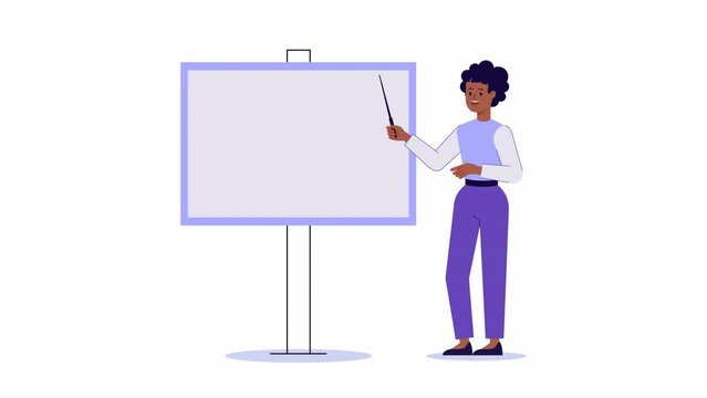 Woman character stands at empty flip chart board for presentation and points at it. copy space for text. mouth narration, lip sync. 2d modern cartoon style animation. template for explainer video