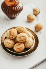 Homemade walnut shaped cookies with boiled condensed milk