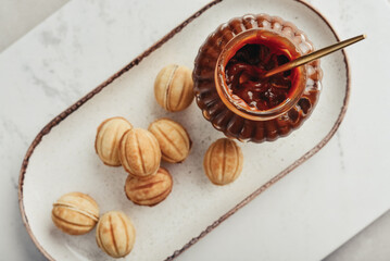 Homemade walnut shaped cookies with boiled condensed milk