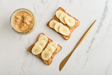 Peanut butter sandwich with fresh banana slices