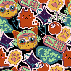 Y2k collection groovy cartoon pattern with various patches, labels, tags, stickers. Funky hipster 90s style stickers and robot characters cat. Trendy Pop Art Patches Texture. Y2k Collage Backdrop