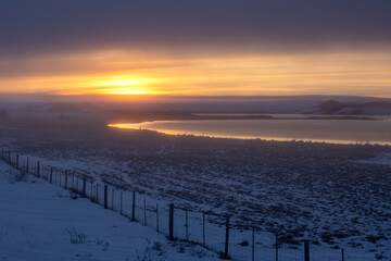 Obraz premium Sunset at the Myvatn lake, North Iceland