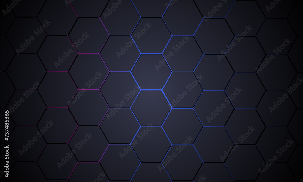 Poster dark gray 3d hexagonal technology vector abstract gaming background with blue and pink colored brigh