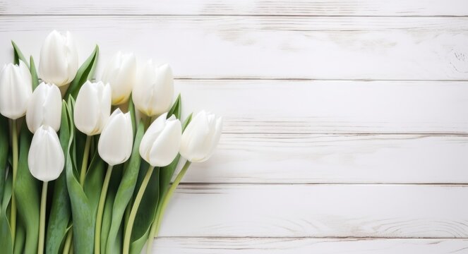White Tulips Bouquet on Wooden Table with Copy Space for Easter Celebration. Spring Flowers