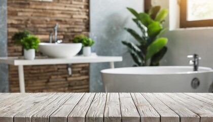 bleached wooden table for product display on defocused bathroom background - obrazy, fototapety, plakaty