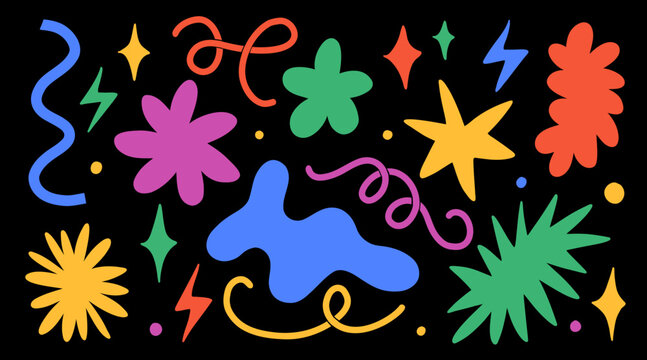 Naklejki Abstract cloud and flower shapes sticker pack. Groovy funky flower, bubble, star, loop, waves in trendy retro 90s 00s cartoon style. Vector illustration with wavy and spiral elements.