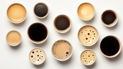 Set with cups of tasty aromatic coffee on white background, top view. 