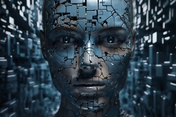 face of female android bio robot, close portrait, concept of cybernetics and biomechanics and robotics of future