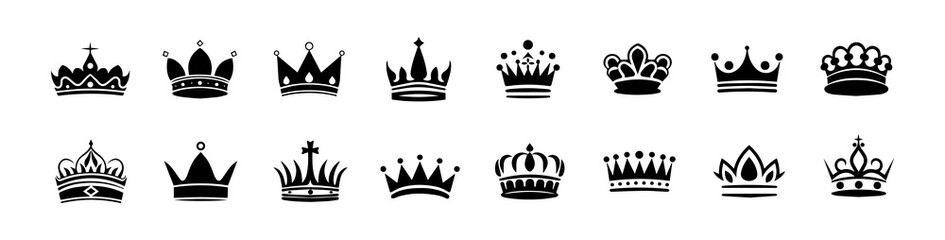 Crown icons set. Simple, black silhouettes of royal crowns. Vector illustration isolated on white backdrop. Ideal for logos, emblems, insignia. Can be used in branding, web design.