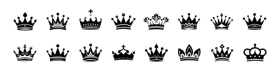 Crown icons set. Simple, black silhouettes of royal crowns. Vector illustration isolated on white background. Ideal for logos, emblems, insignia. Can be used in branding, web design.