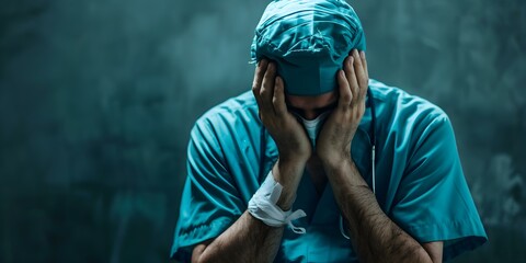 Surgeon in hospital contending with overwhelming emotions as they reflect on mistakes. Concept Surgeon's Emotional Turmoil, Reflecting on Mistakes, Overwhelmed in Hospital, Coping with Regret