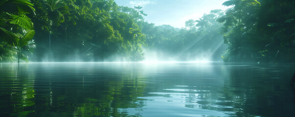tropical rainforest river landscape, a mysterious temple in the jungle 
