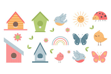 Spring or summer set. flat Vector illustration. birdhouses.