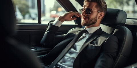 Businessman in a suit is sitting in the back seat of a car and talking on mobile phone
