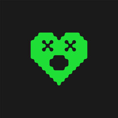 Acid green color heart with crossed eyes icon. Rave psychedelic style.