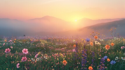 A tranquil meadow blanketed with wildflowers - obrazy, fototapety, plakaty