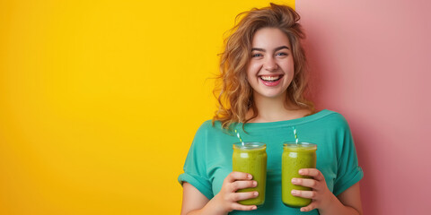 smiling young curvy overweight woman holding a glass with smoothie on a color background, beautiful girl, healthy eating, drink, fruit cocktail, fresh juice, portrait, lifestyle, weight loss, detox - obrazy, fototapety, plakaty