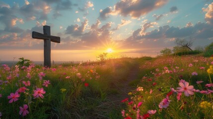 A picturesque Easter sunrise service setting, with a rustic wooden cross - obrazy, fototapety, plakaty