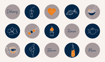 Vector pictograms. Line art style illustrations with social media Highlights covers. Cute icons for restaurant, cafe, bar. Japanese food.
