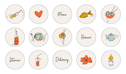 Line art style illustrations with social media Highlights covers. Japanese food clipart. Cute icons for restaurant, cafe, bar.  Vector pictograms.
