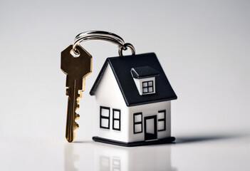 Blank house shaped keychain with a key isolated on white background Real estate buying Buy and own home flat or house
