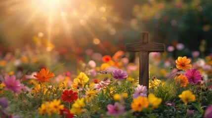 A picturesque Easter sunrise service setting, with a rustic wooden cross, blooming wildflowers