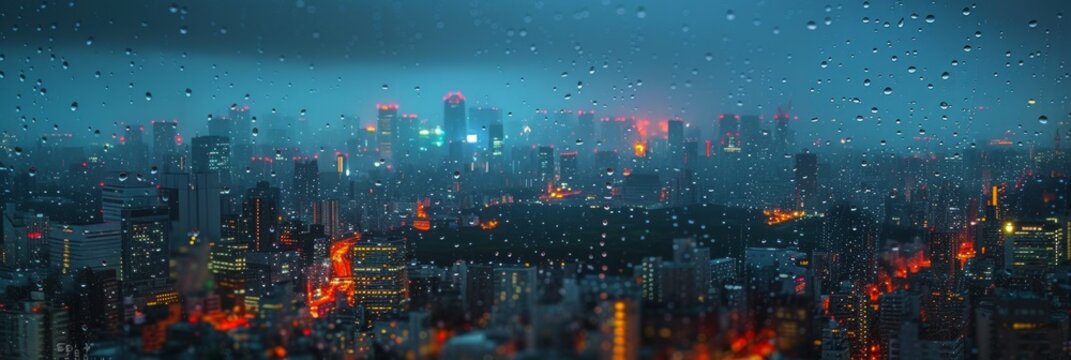 Gloomy Cityscape Through Rain-Dropped Window Generative AI