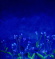 Ilustracja kwiaty niezapominajki nocne księżycowe tło. - 737487503